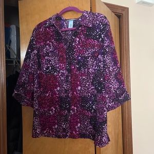 QX purple, pink and fuchsia 3/4 sleeve button down top
